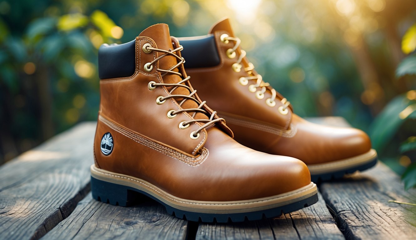 Sepasang sepatu Timberland pria berwarna cokelat diletakkan di atas permukaan kayu dengan latar belakang alam yang samar.