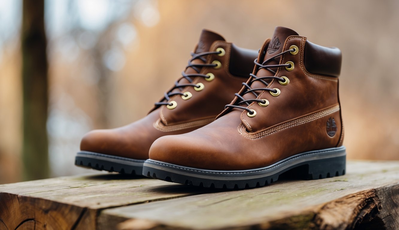 Sepasang sepatu Timberland terbaru diletakkan di atas permukaan kayu dengan latar belakang kabur berwarna alami.