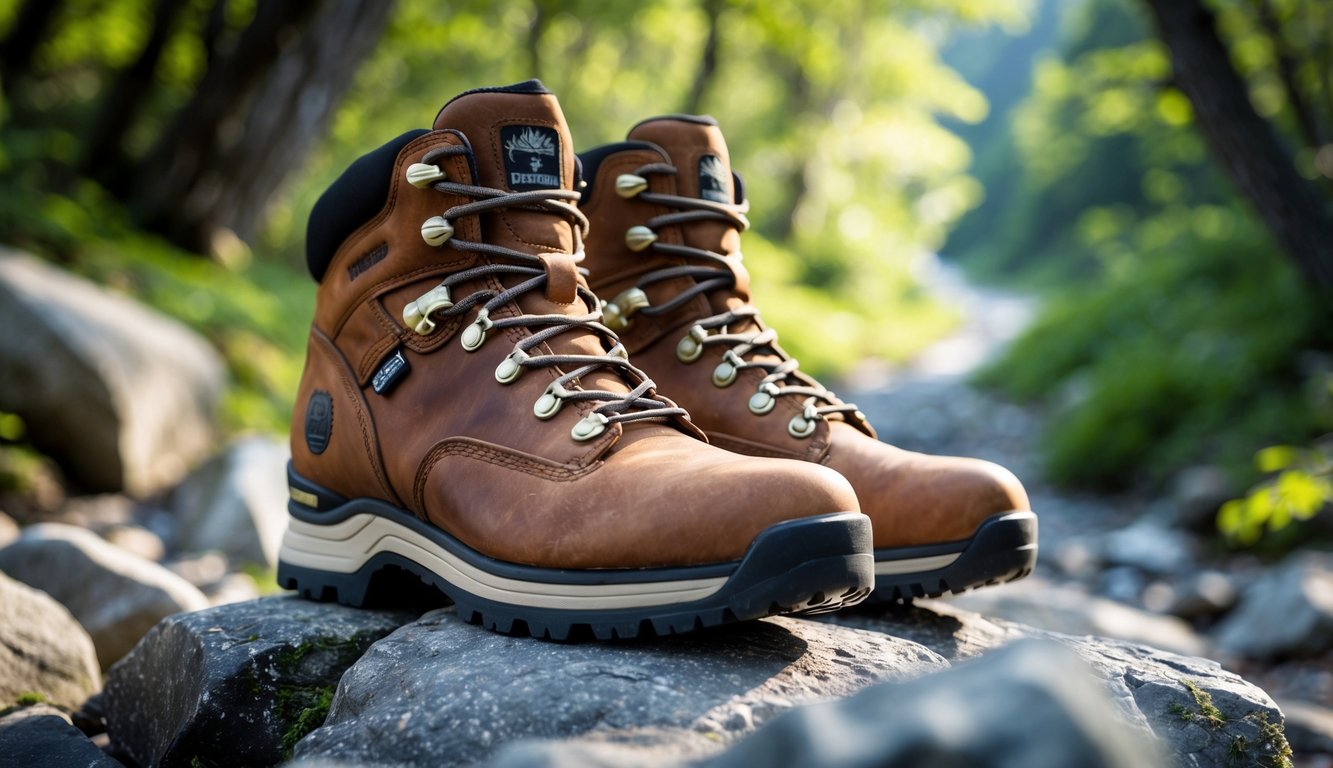 Sepasang sepatu hiking Timberland di jalur berbatu dengan latar hutan hijau.