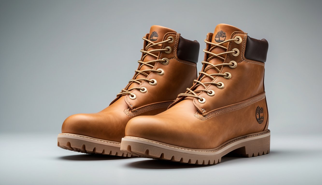 Sepasang sepatu boots Timberland wanita berwarna coklat muda dengan tali, diletakkan di atas latar belakang polos.