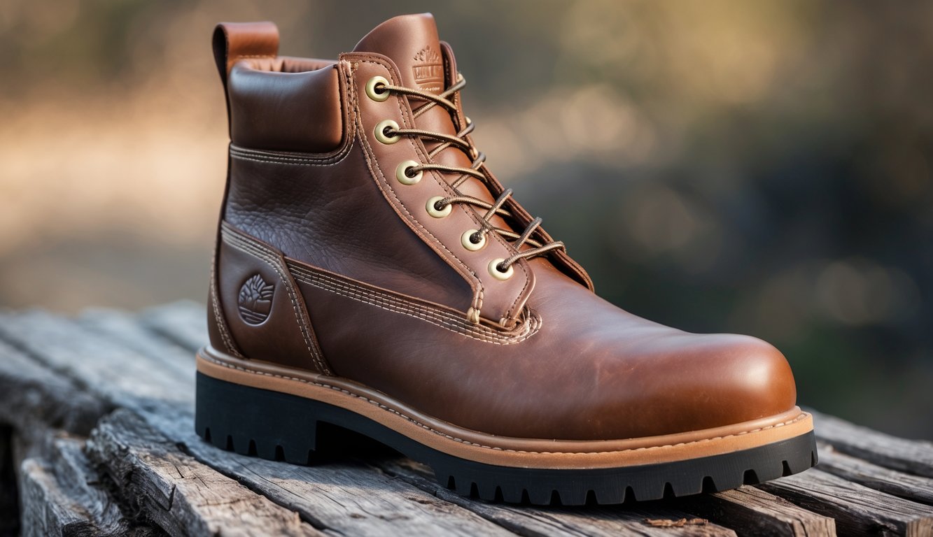 Sepatu boot Timberland kulit premium berwarna coklat diletakkan di atas permukaan kayu dengan latar belakang buram.
