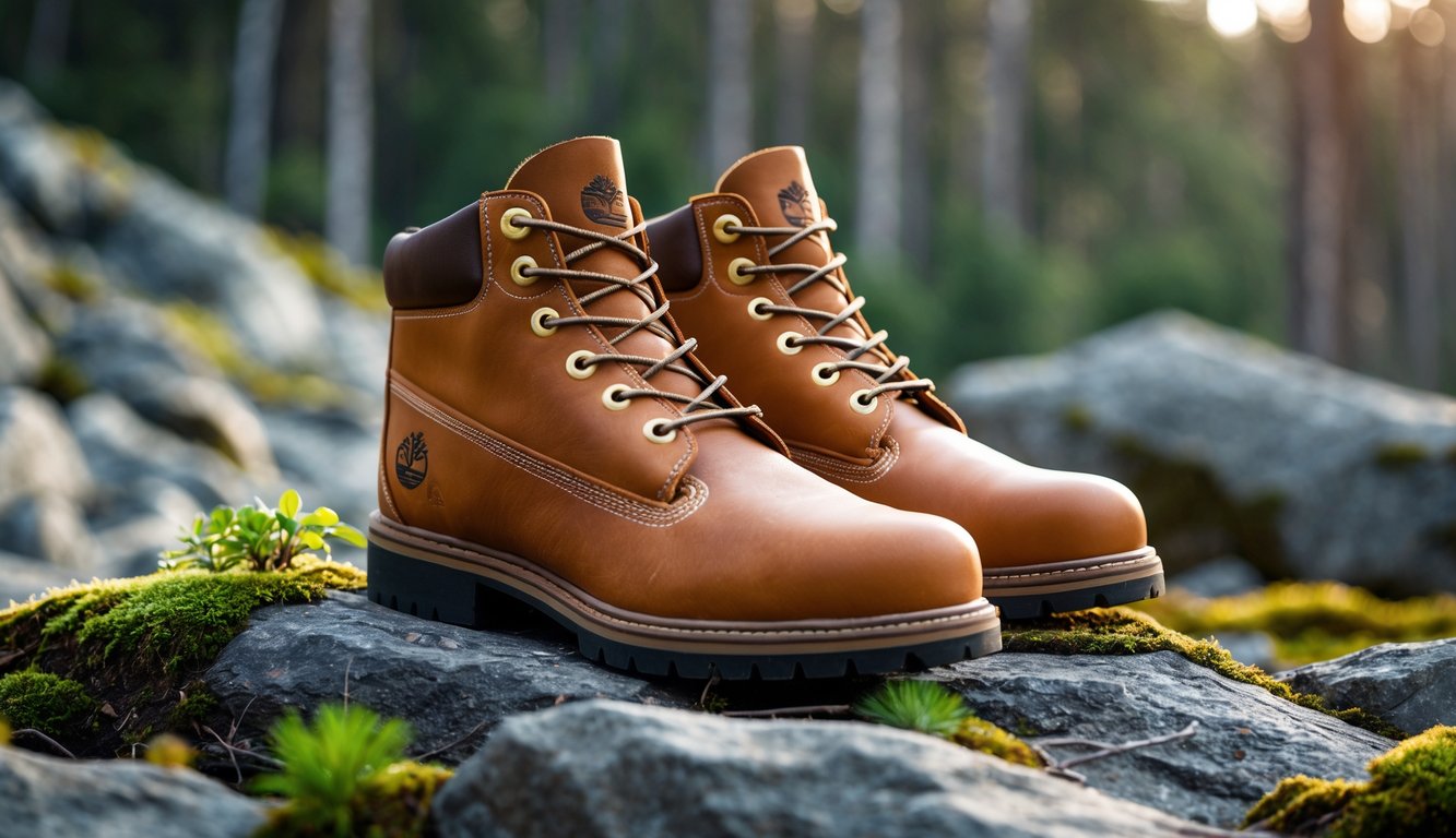 Sepasang sepatu Timberland outdoor diletakkan di atas tanah berbatu dengan tanaman hijau di sekitarnya.