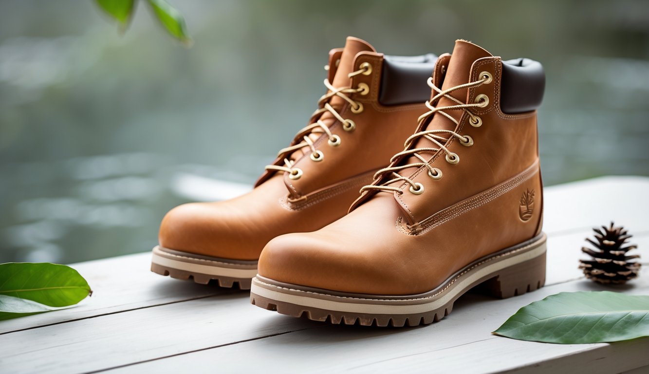 Sepasang sepatu Timberland berwarna coklat muda diletakkan di atas permukaan kayu dengan latar belakang kabur dan beberapa daun hijau di sekitarnya.