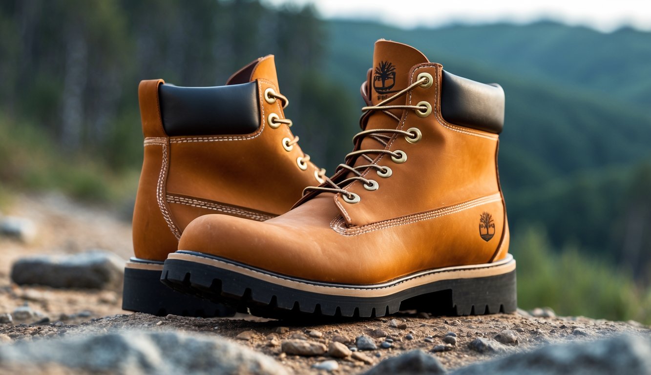 Sepasang sepatu boots Timberland yang kuat diletakkan di permukaan alam seperti tanah dan batu dengan latar belakang hutan kabur.