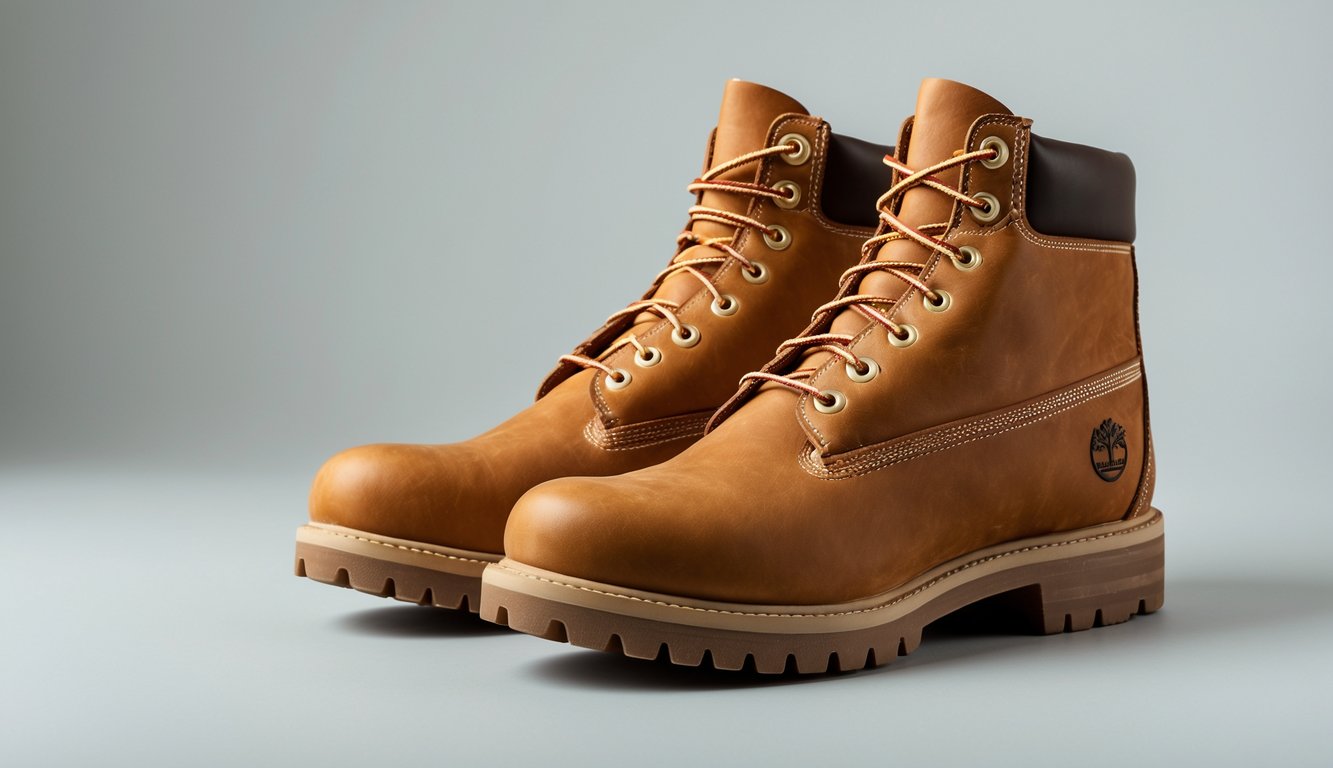 Sepasang sepatu Timberland asli berwarna cokelat terang diletakkan berdampingan di atas latar belakang netral.
