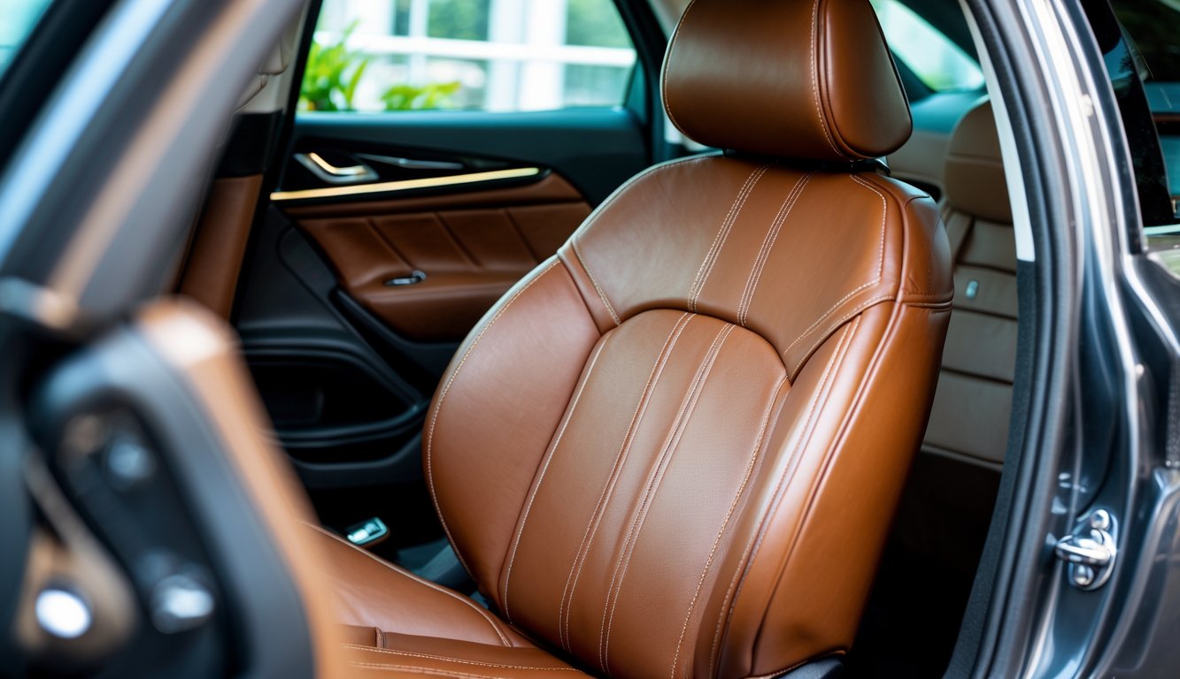 Penutup jok mobil kulit yang terpasang rapi di dalam interior mobil modern.