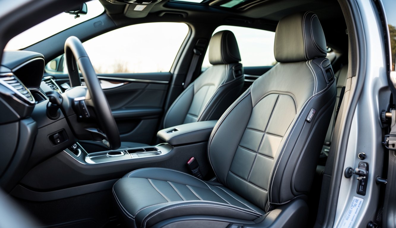 Interior mobil dengan sarung jok mobil custom yang terpasang rapi pada kursi pengemudi.