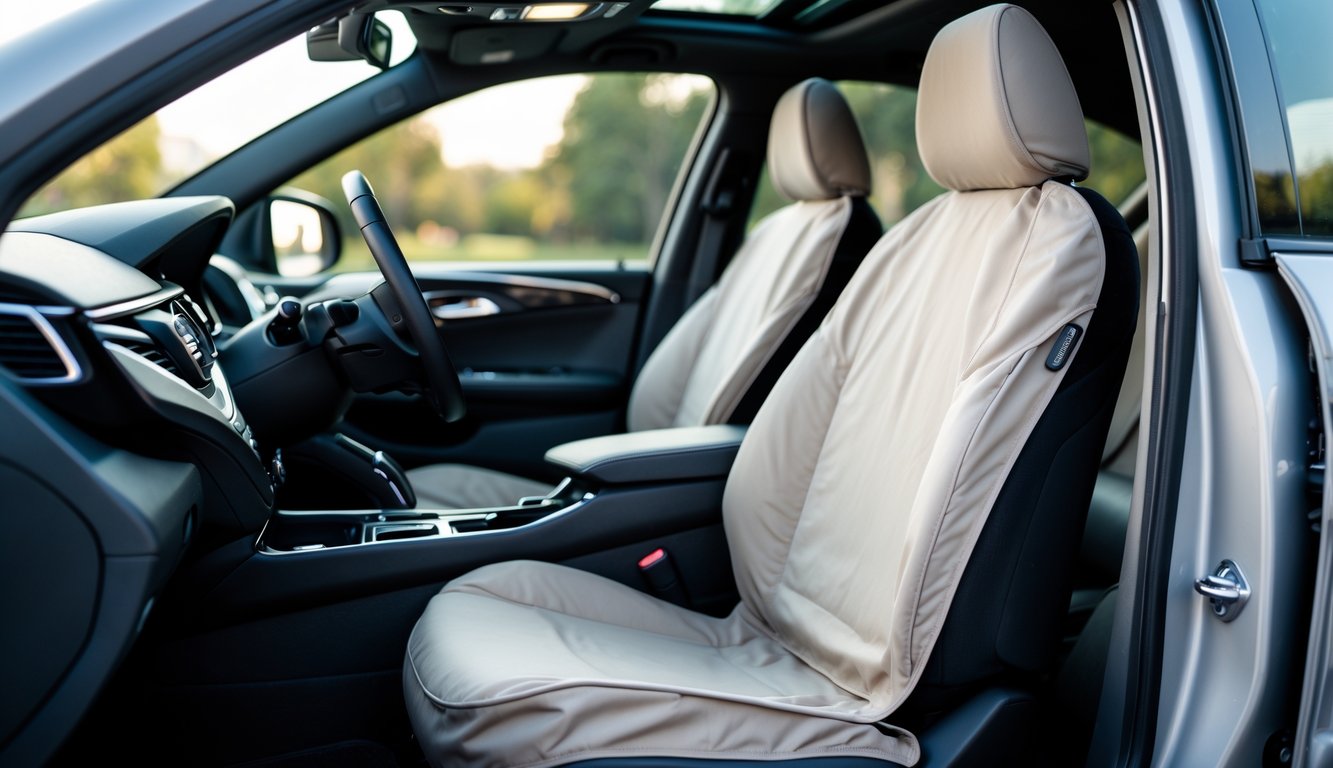 Penutup jok mobil universal terpasang rapi di kursi pengemudi mobil modern.