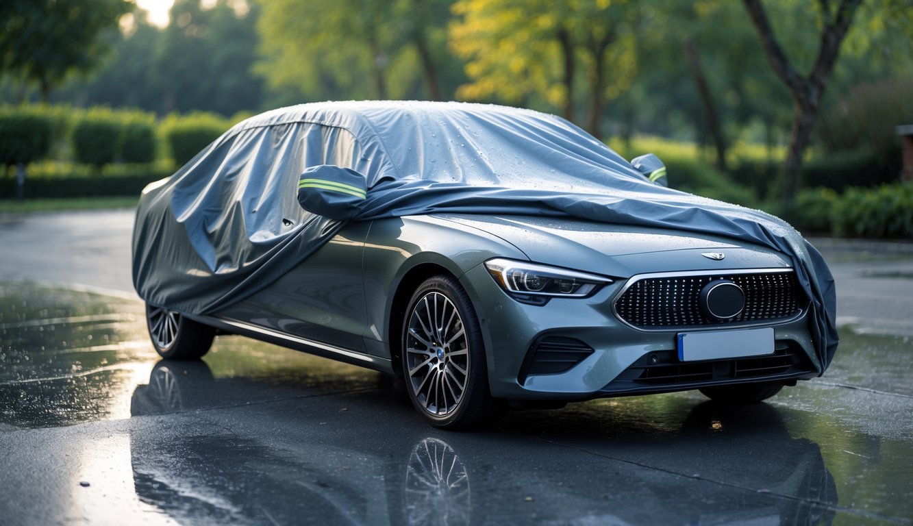 Penutup mobil tahan air yang menutupi sebuah mobil sedan di halaman rumah dengan latar belakang pohon hijau.
