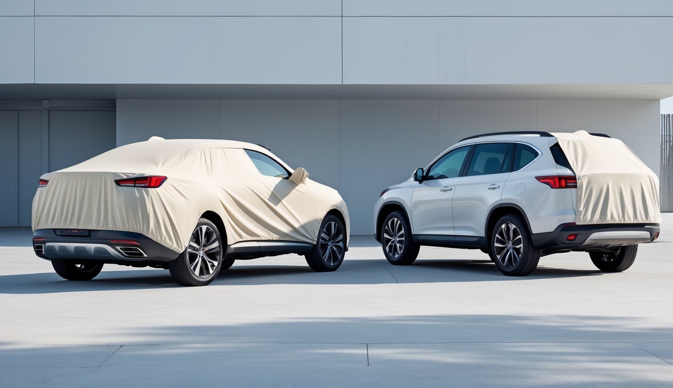 Dua mobil, satu SUV dan satu MPV, diparkir berdampingan dengan penutup mobil yang menutupi sebagian bodi mereka.