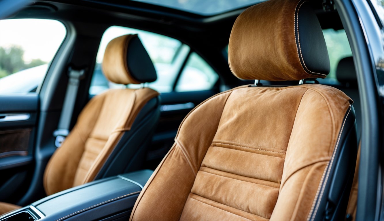 Penutup jok mobil berbahan suede berwarna mewah di dalam mobil modern.