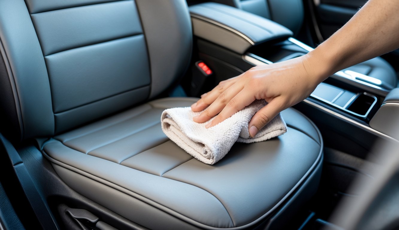 Tampak dekat jok mobil dengan penutup yang mudah dibersihkan dan tahan noda, seseorang sedang mengelapnya dengan kain bersih.