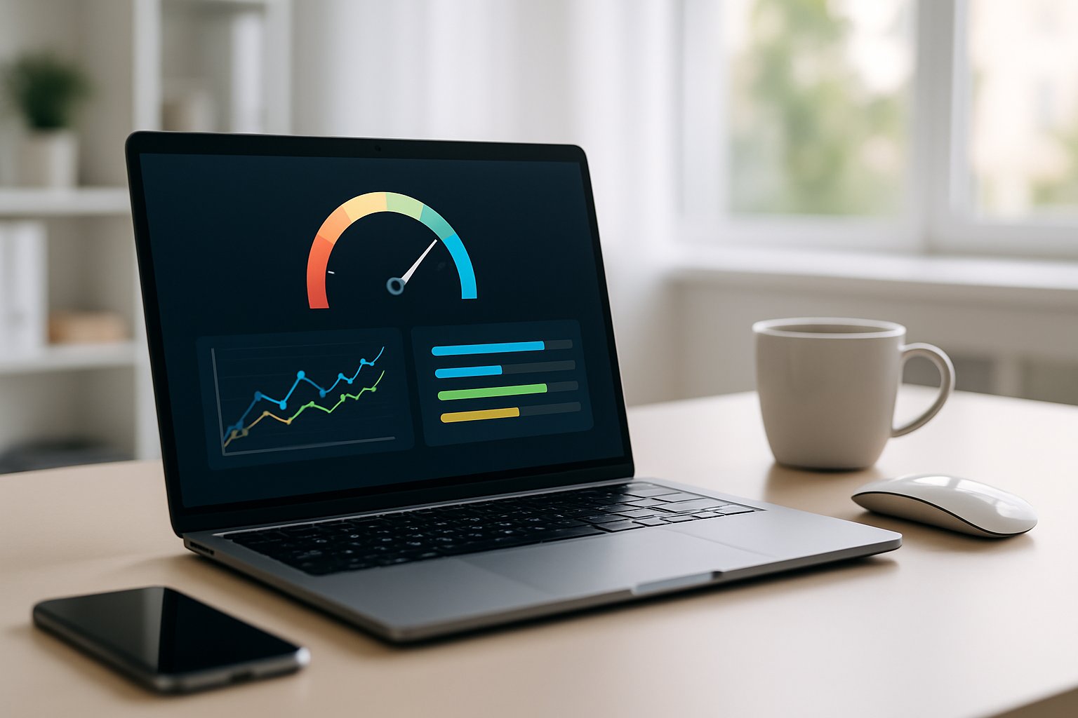 A laptop on a desk showing a system performance interface with office accessories around it in a bright workspace.