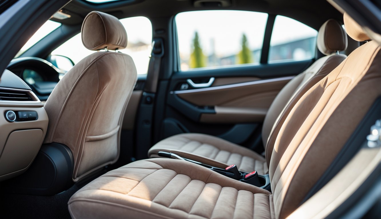 Tampak dekat cover jok mobil yang empuk dan nyaman di dalam interior mobil modern.
