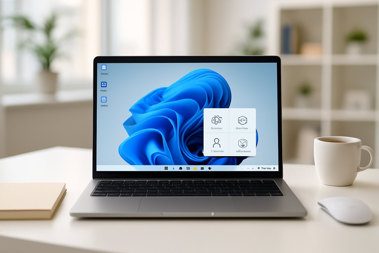 A laptop on a tidy desk in a bright home office with Windows 11 settings visible on the screen.