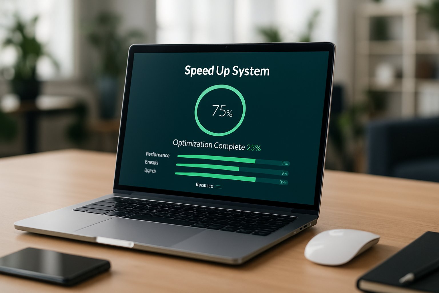 A laptop on a wooden desk with tech accessories in a bright office setting.