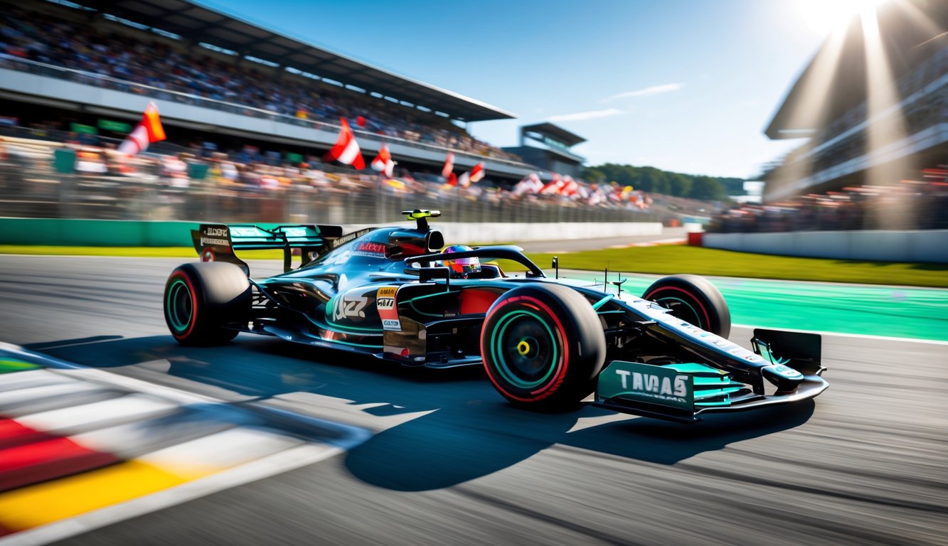 Mobil balap Formula 1 melaju cepat di lintasan dengan penonton ramai di tribun latar belakang.