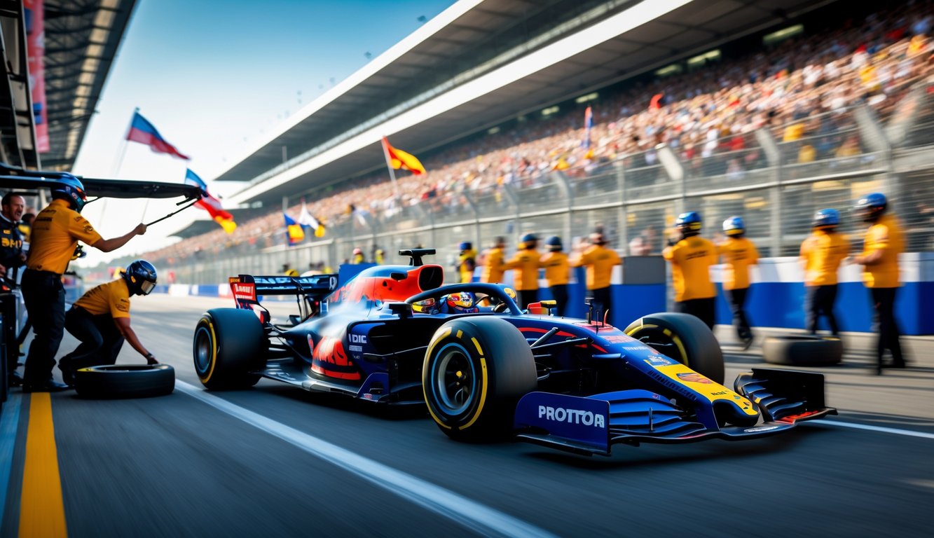 Mobil balap Formula 1 yang modern di lintasan dengan kru pit sedang bekerja dan penonton di tribun yang bersorak.