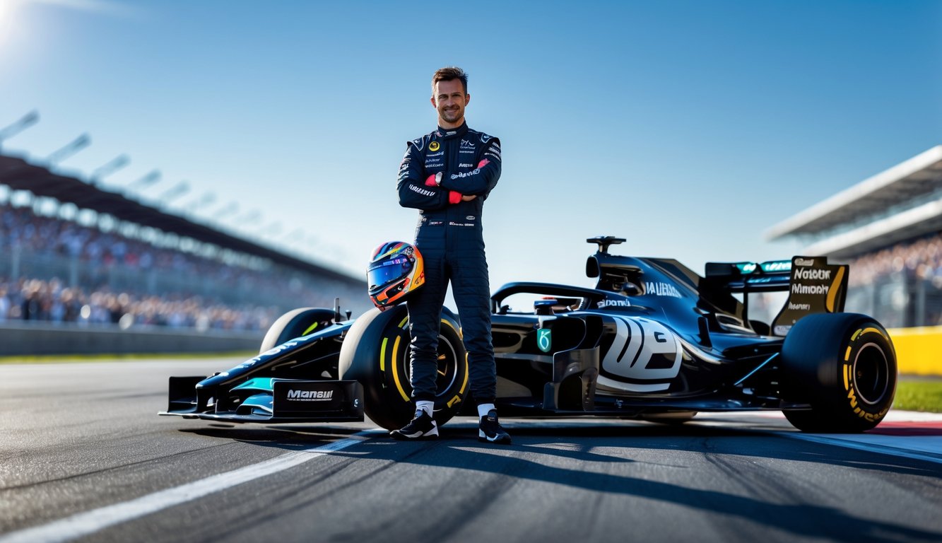 Seorang pembalap Formula 1 berdiri di samping mobil balap di lintasan dengan latar belakang tribun penonton.