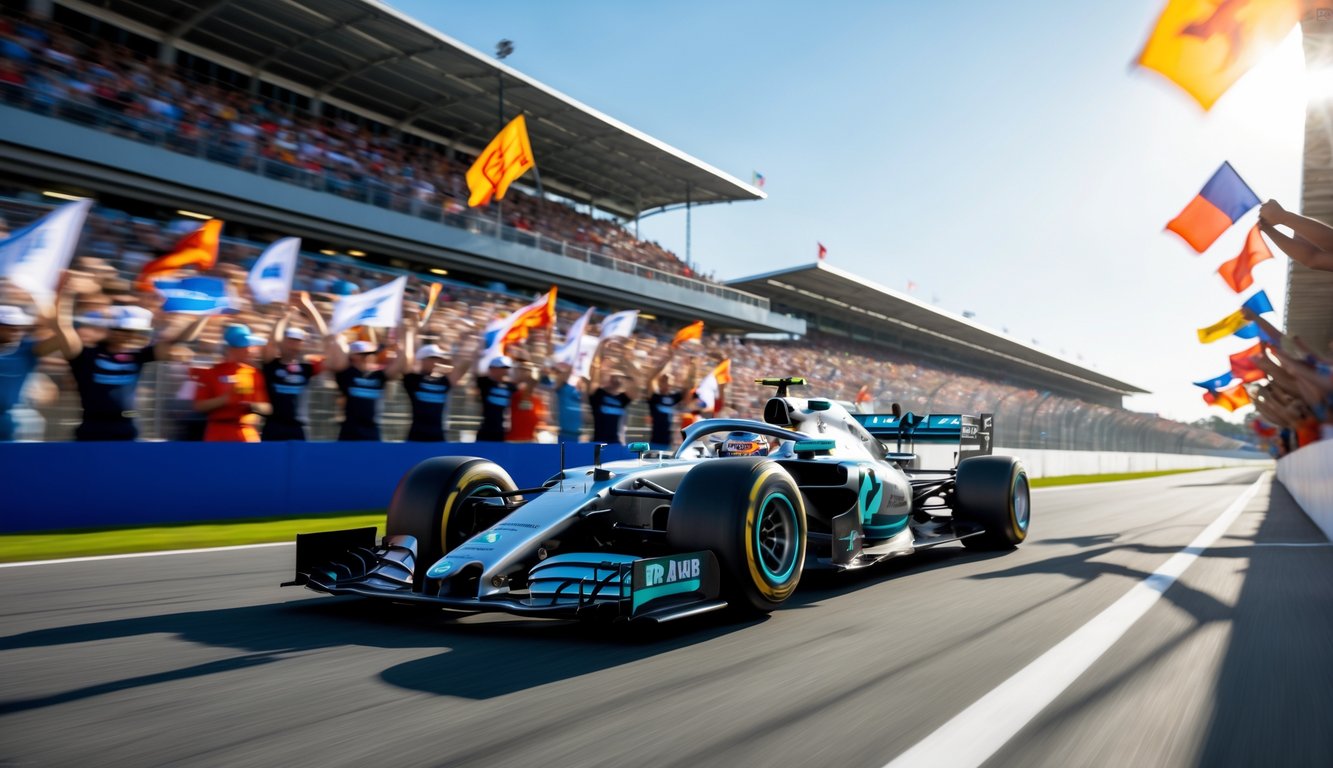 Mobil balap Formula 1 melaju cepat di lintasan dengan penonton ramai di tribun.