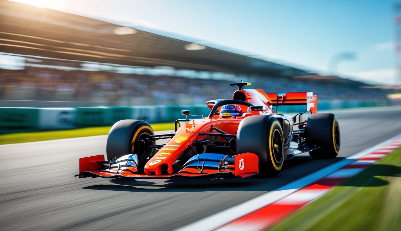 Mobil Formula 1 berkecepatan tinggi melaju di lintasan balap dengan latar belakang tribun penonton dan langit cerah.