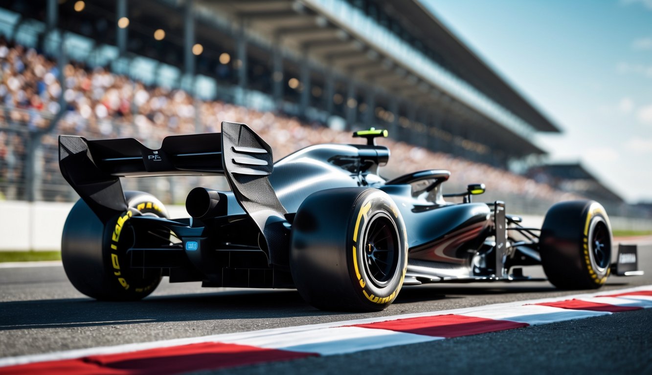 Mobil Formula 1 modern di lintasan balap dengan latar penonton dan langit cerah.