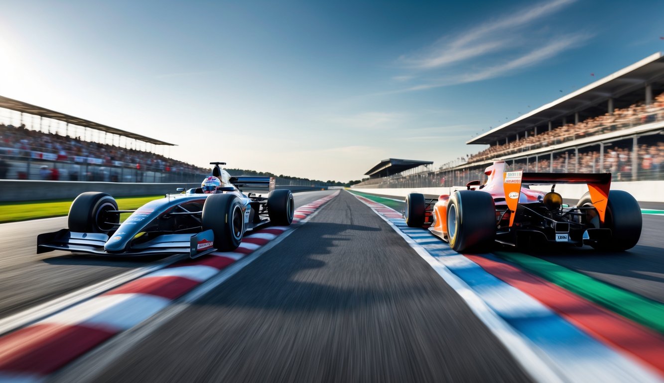 Dua mobil Formula 1, satu klasik dan satu modern, berdampingan di lintasan balap dengan penonton di tribun dan elemen-elemen yang menunjukkan sejarah kejuaraan F1.