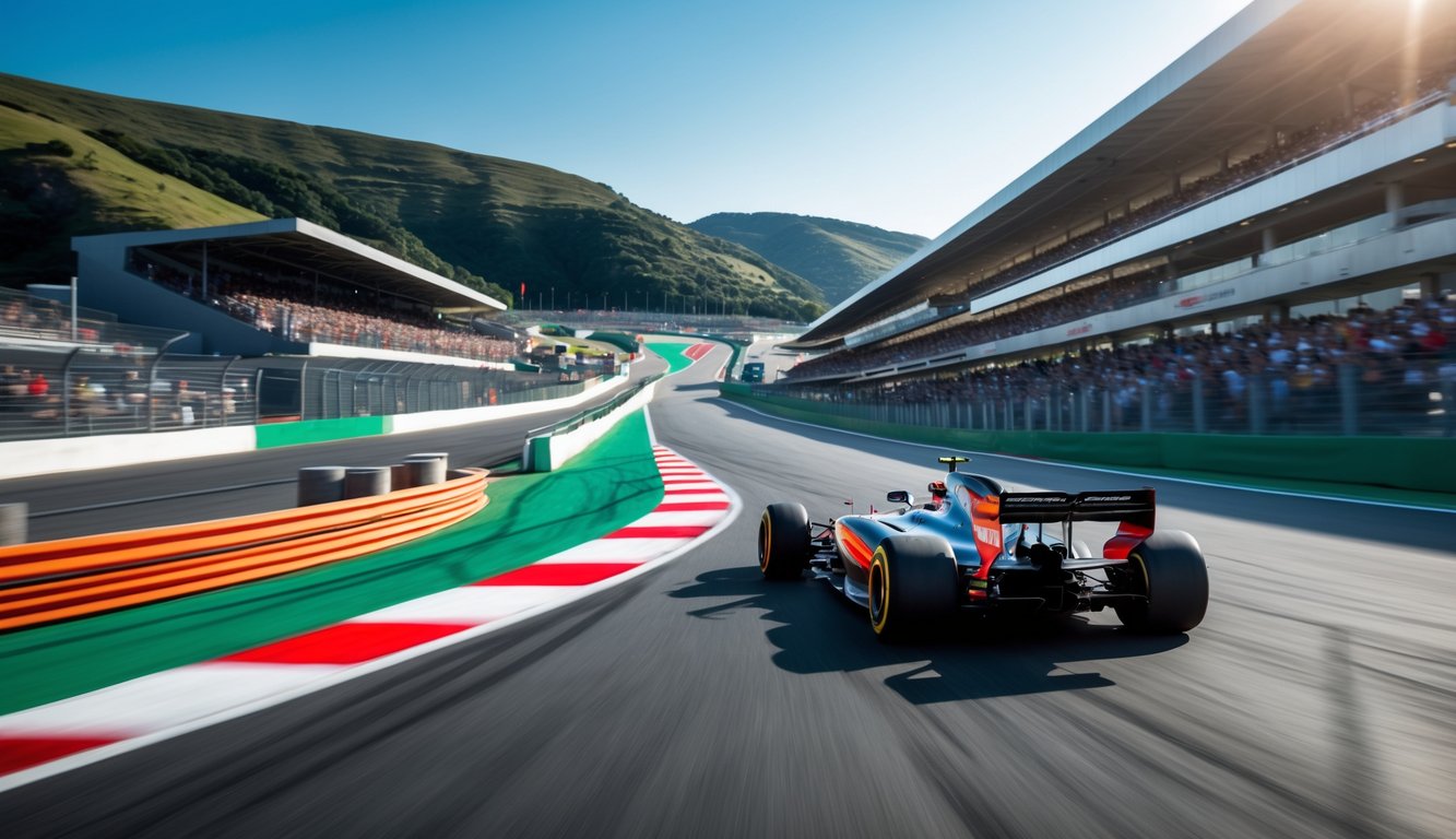 Sebuah mobil Formula 1 melaju cepat di tikungan tajam di sirkuit balap yang menantang dengan penonton di tribun dan pemandangan perbukitan hijau.