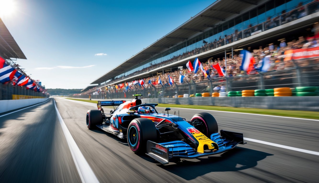 Mobil Formula 1 melaju kencang di tikungan lintasan balap dengan penonton di tribun latar belakang.