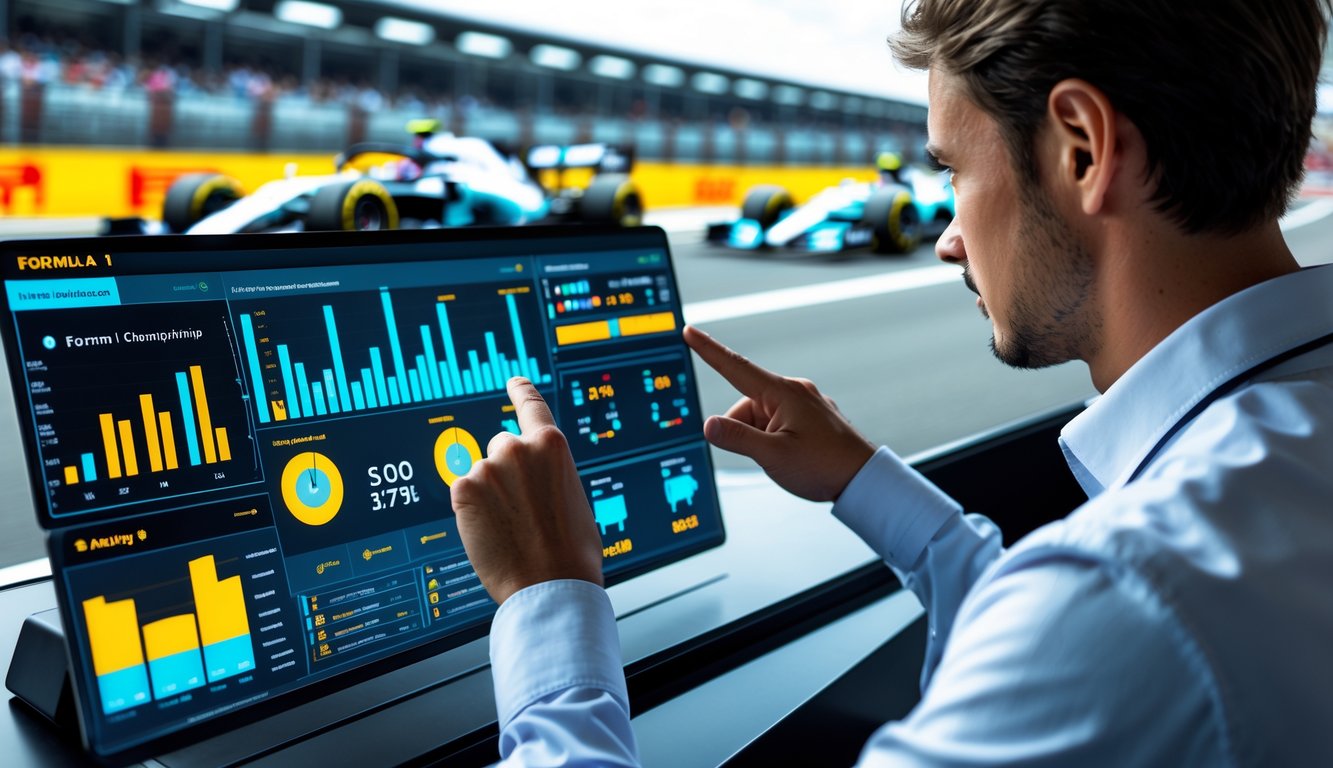 Seorang analis sedang melihat dan berinteraksi dengan tampilan data statistik kejuaraan Formula 1 di layar sentuh digital dengan latar belakang trek balap dan mobil F1 yang sedang melaju.