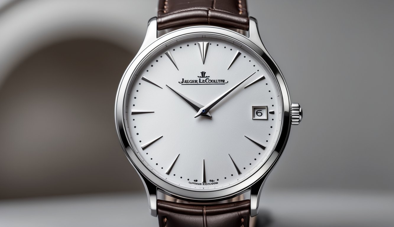 Sebuah jam tangan Jaeger-LeCoultre Master Ultra Thin dengan tali kulit coklat gelap, diletakkan di atas latar belakang netral.