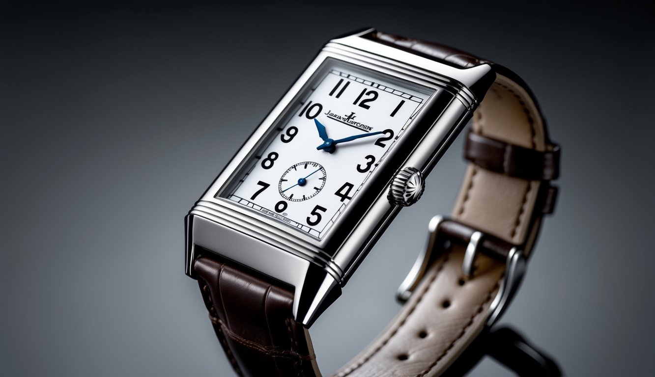 Jam tangan Jaeger-LeCoultre Reverso Classic dengan tali kulit coklat diletakkan di permukaan hitam reflektif.