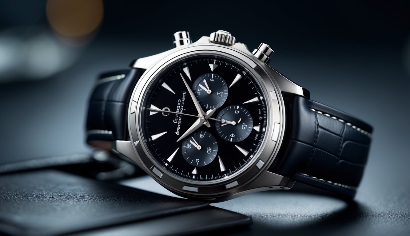 Foto close-up jam tangan Jaeger-LeCoultre Polaris Chronograph dengan latar belakang gelap.