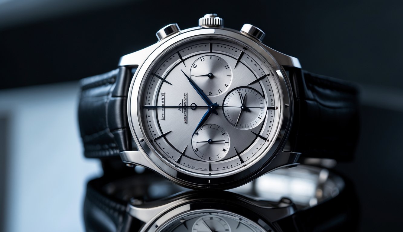 Foto jam tangan mewah Jaeger-LeCoultre Duomètre dengan permukaan reflektif hitam.