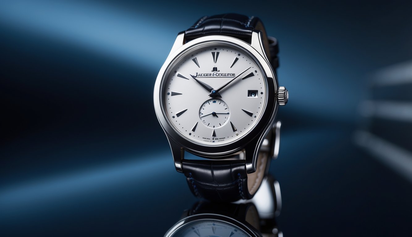 Foto jam tangan Jaeger-LeCoultre Memovox dengan tali kulit hitam dan latar belakang gelap.