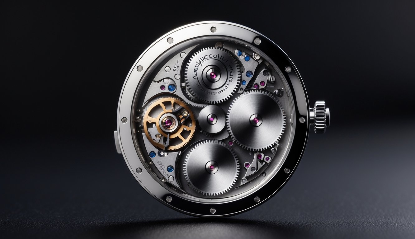 Gambar close-up mekanisme jam tangan Jaeger-LeCoultre Caliber 101 dengan detail komponen kecil dan presisi tinggi.