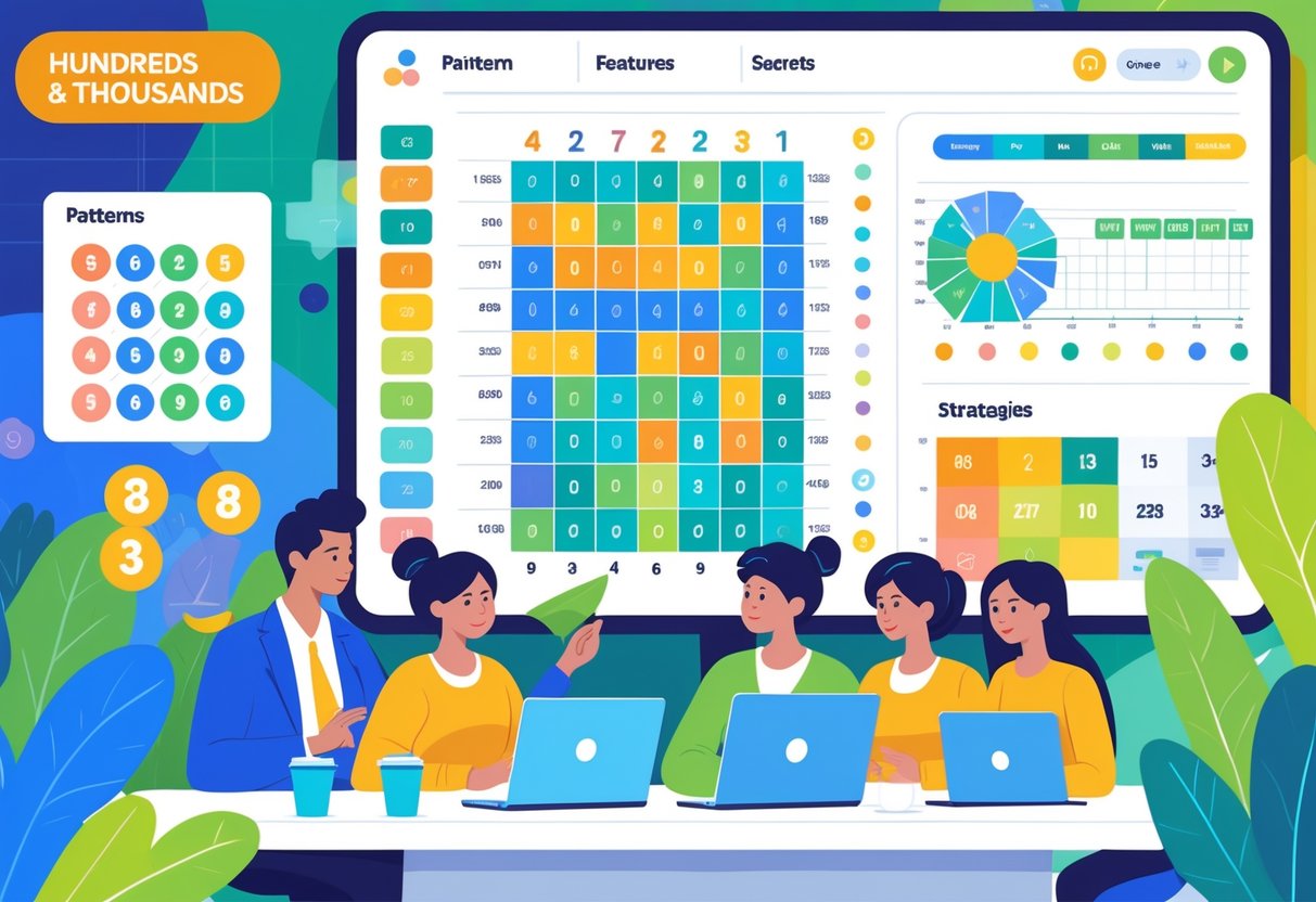 Sekelompok orang sedang berdiskusi dan menganalisis pola dan strategi permainan di ruang kerja modern dengan layar digital besar yang menampilkan grafik dan elemen permainan.