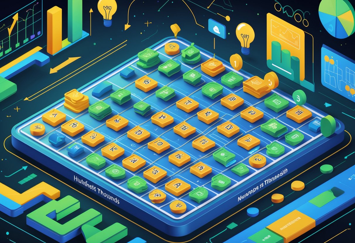 Ilustrasi papan permainan dengan pola angka dan simbol strategi yang menunjukkan konsep kemenangan dan pembelajaran dalam permainan Hundreds and Thousands.