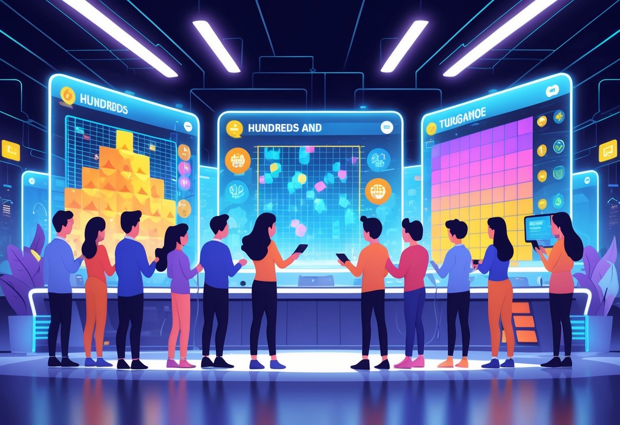 Sekelompok pemain sedang bermain dan mempelajari pola serta fitur permainan di layar digital dalam suasana gaming modern.