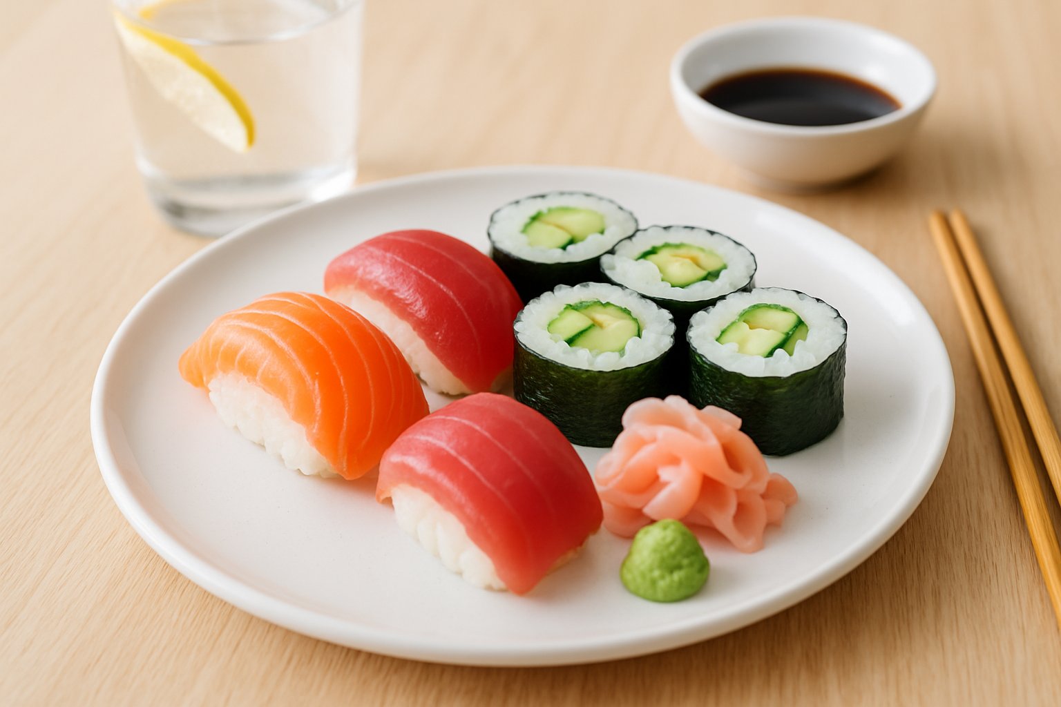 A plate of assorted sushi with chopsticks, a glass of water with lemon, and a bowl of soy sauce on a wooden table.