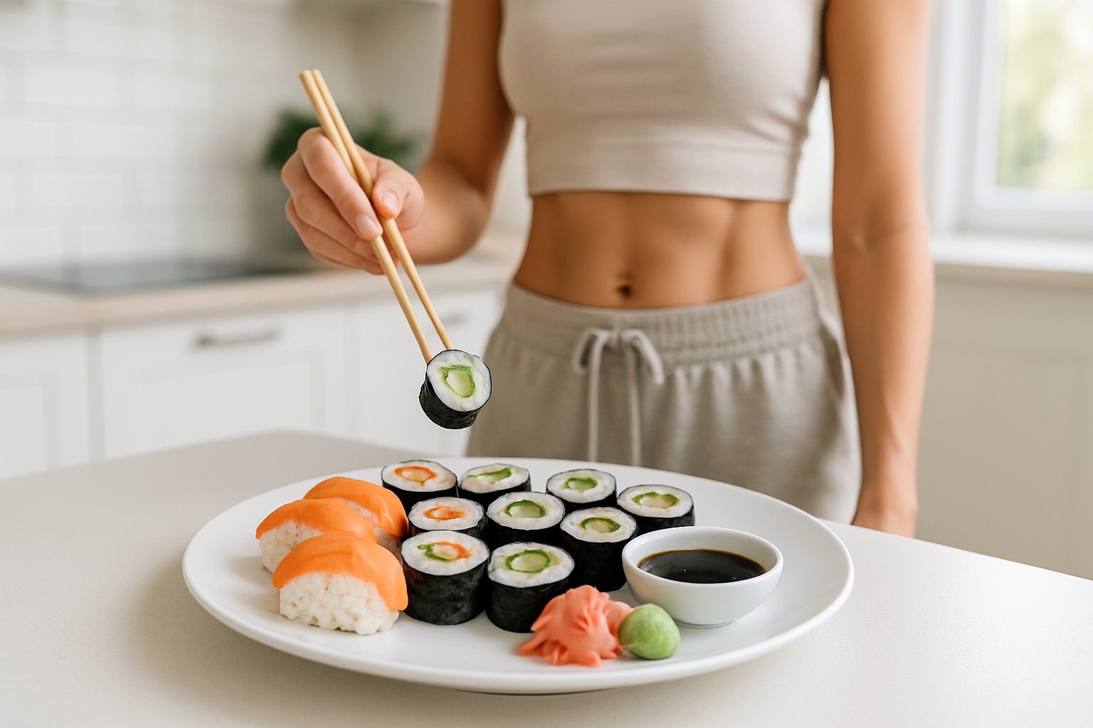 A person holding chopsticks about to eat sushi from a plate with assorted sushi rolls and condiments on a kitchen table.