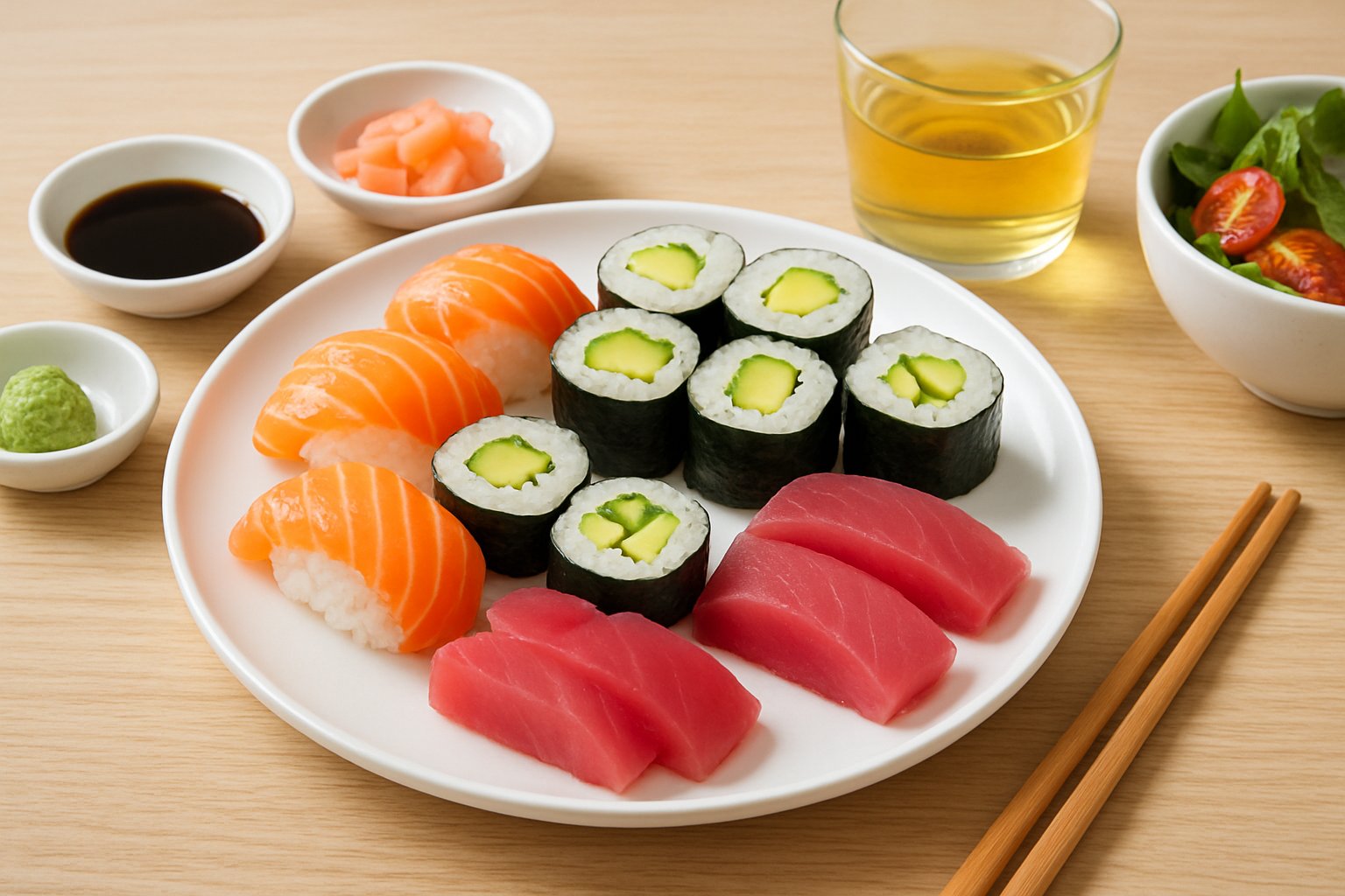 A plate of fresh sushi with salmon nigiri, avocado and cucumber rolls, soy sauce, pickled ginger, wasabi, chopsticks, green tea, and a small salad on a wooden table.