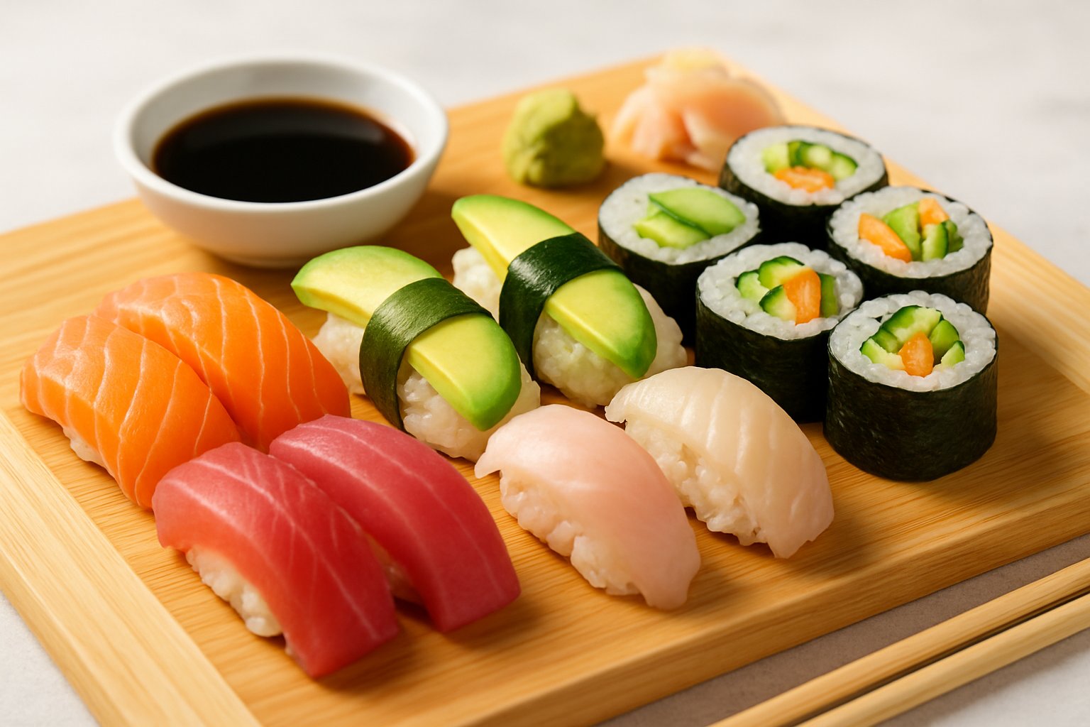 A wooden board with a variety of fresh sushi including salmon sashimi, avocado nigiri, and vegetable sushi rolls, accompanied by soy sauce, wasabi, and pickled ginger.