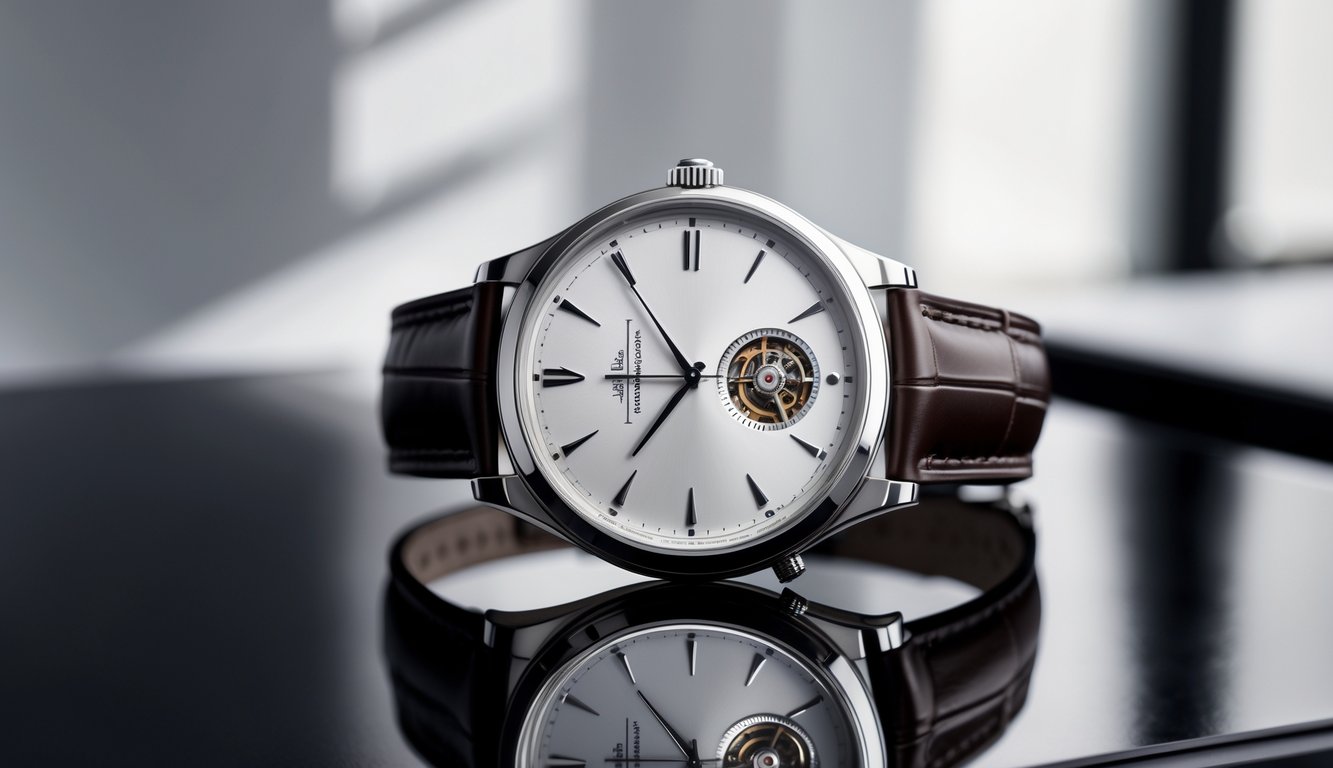 Sebuah jam tangan mewah Jaeger-LeCoultre diletakkan di atas permukaan hitam yang mengkilap dengan latar belakang buram.