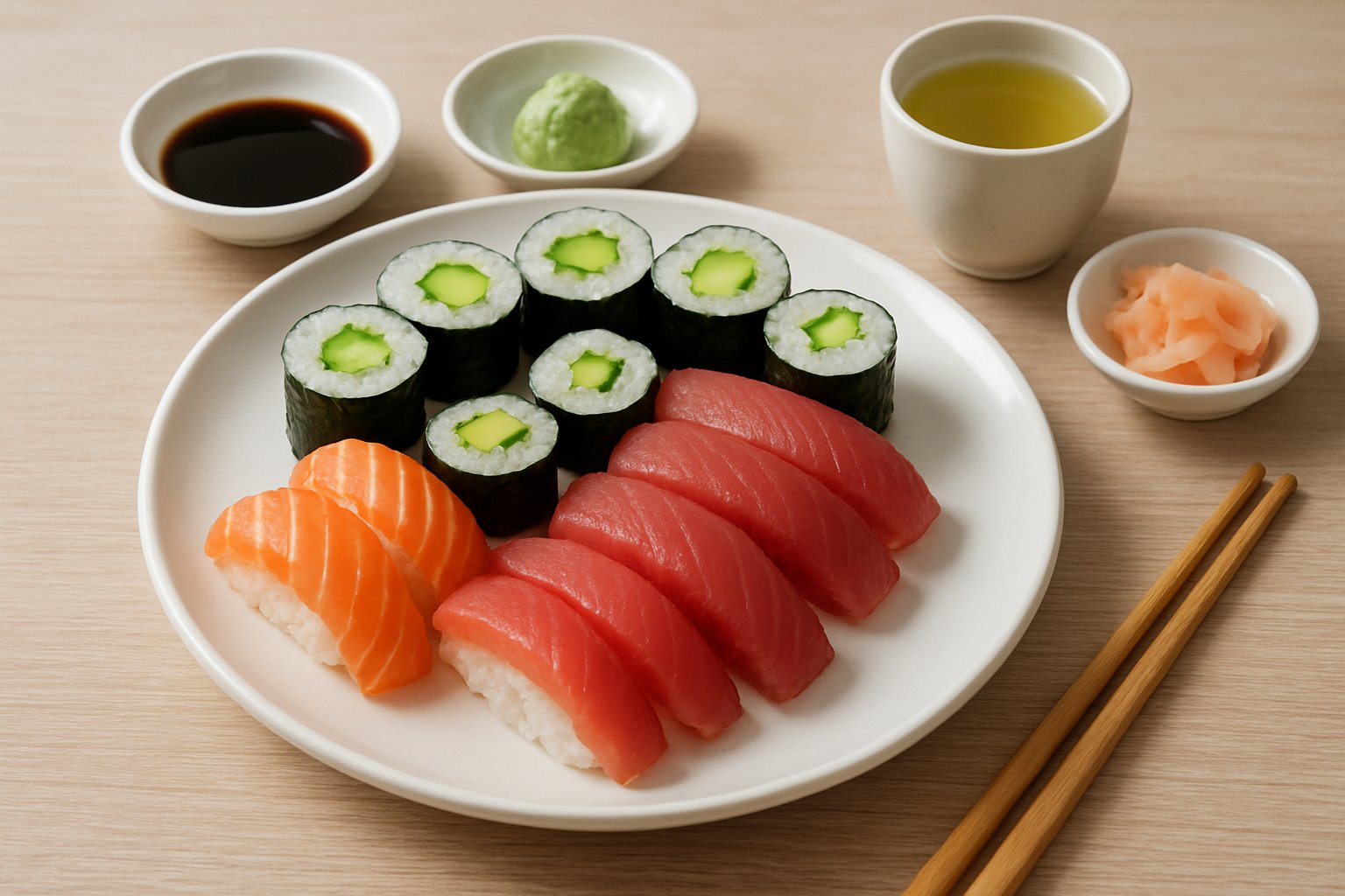 A plate of assorted fresh sushi including salmon nigiri, tuna sashimi, and avocado rolls on a wooden table with chopsticks and a bowl of green tea.