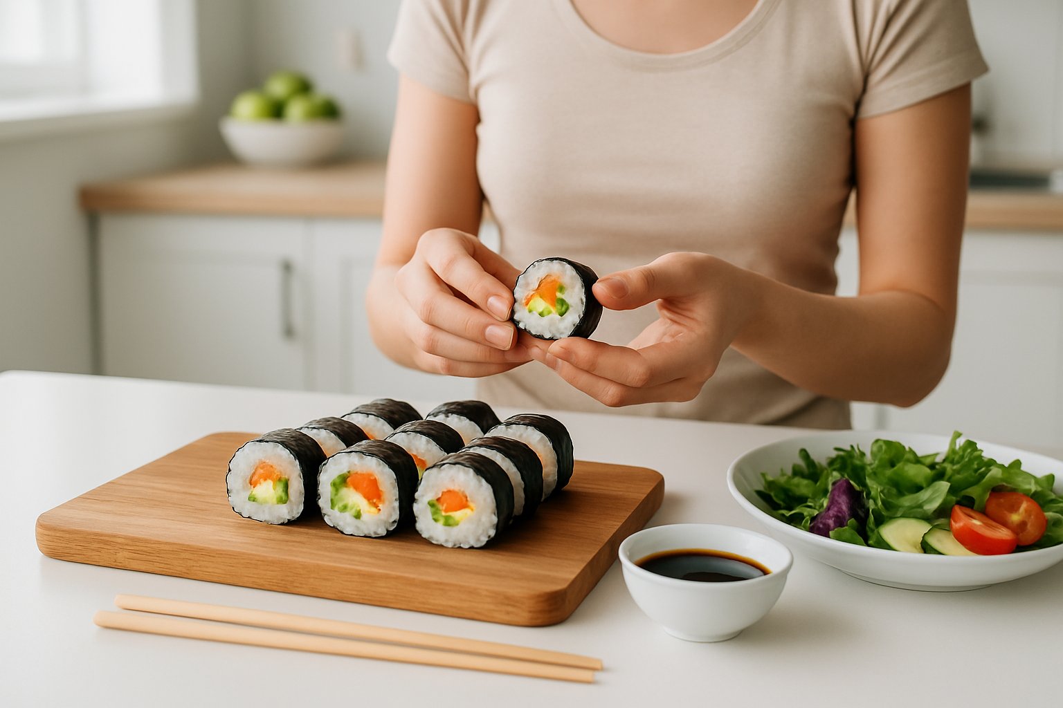 Person preparing sushi rolls with fresh ingredients on a wooden board alongside a side of mixed greens and vegetables in a bright kitchen.