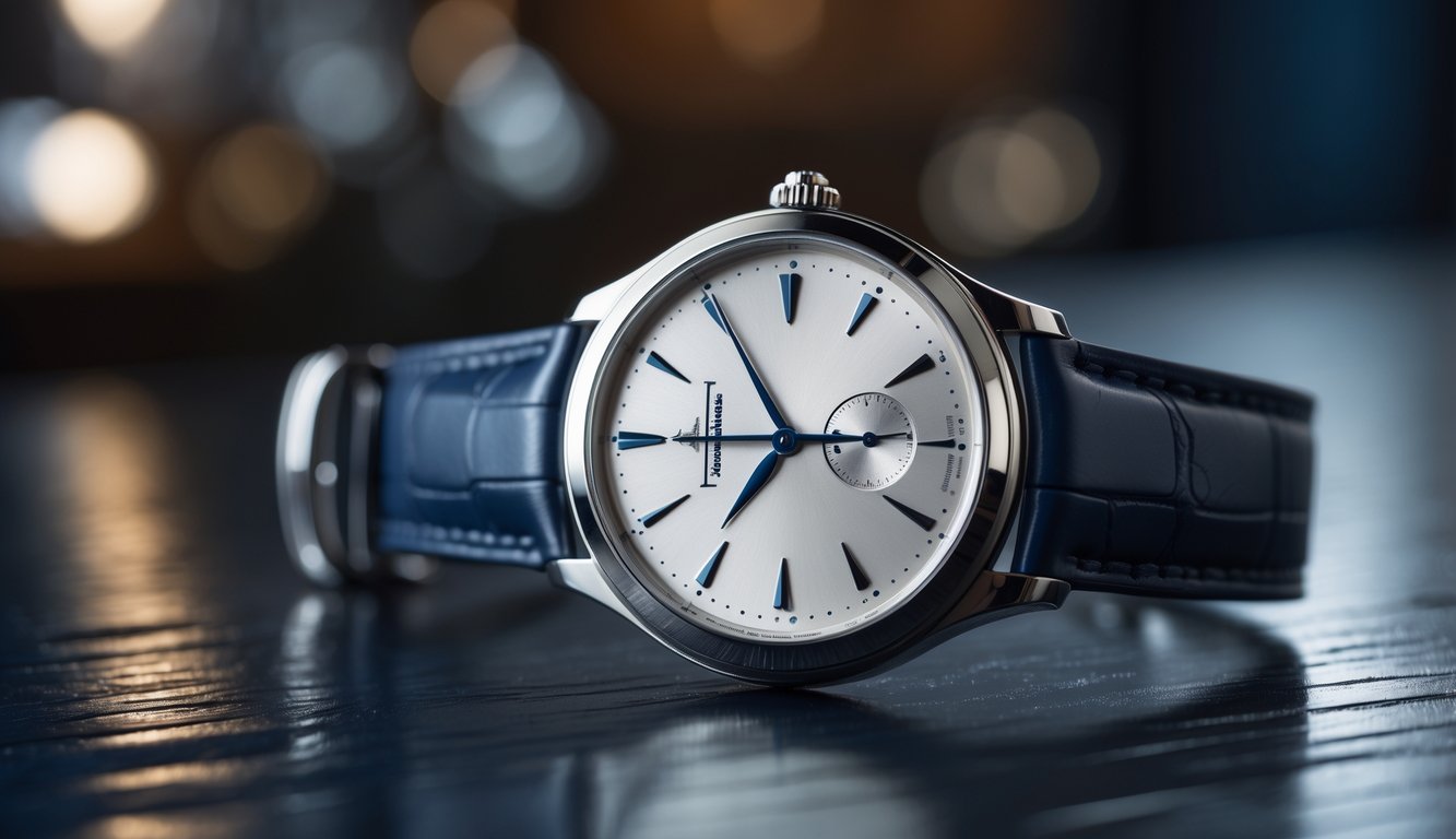 Jam tangan mewah Jaeger-LeCoultre yang diletakkan di atas permukaan kayu gelap dengan latar belakang buram.