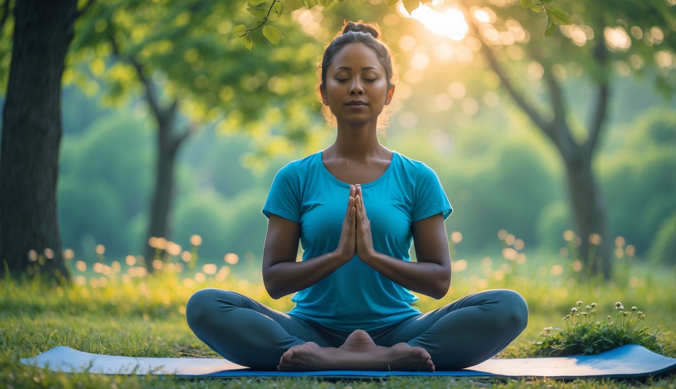 Seseorang duduk bersila di taman yang tenang dengan mata tertutup, bermeditasi dengan latar pepohonan hijau dan cahaya matahari pagi.