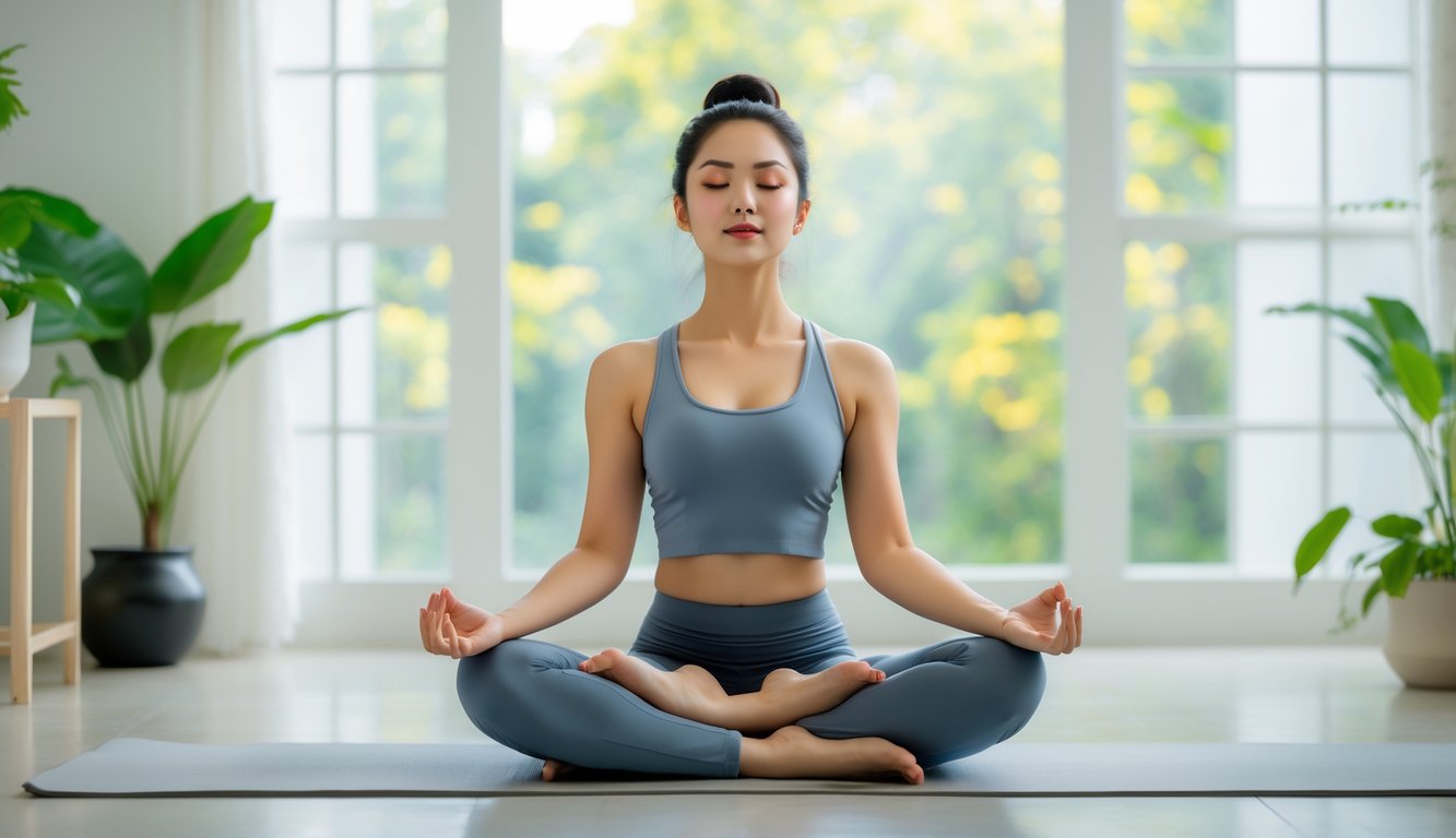 Seorang wanita muda duduk bersila di atas matras yoga di ruangan terang dengan jendela besar, bermeditasi dengan tenang.