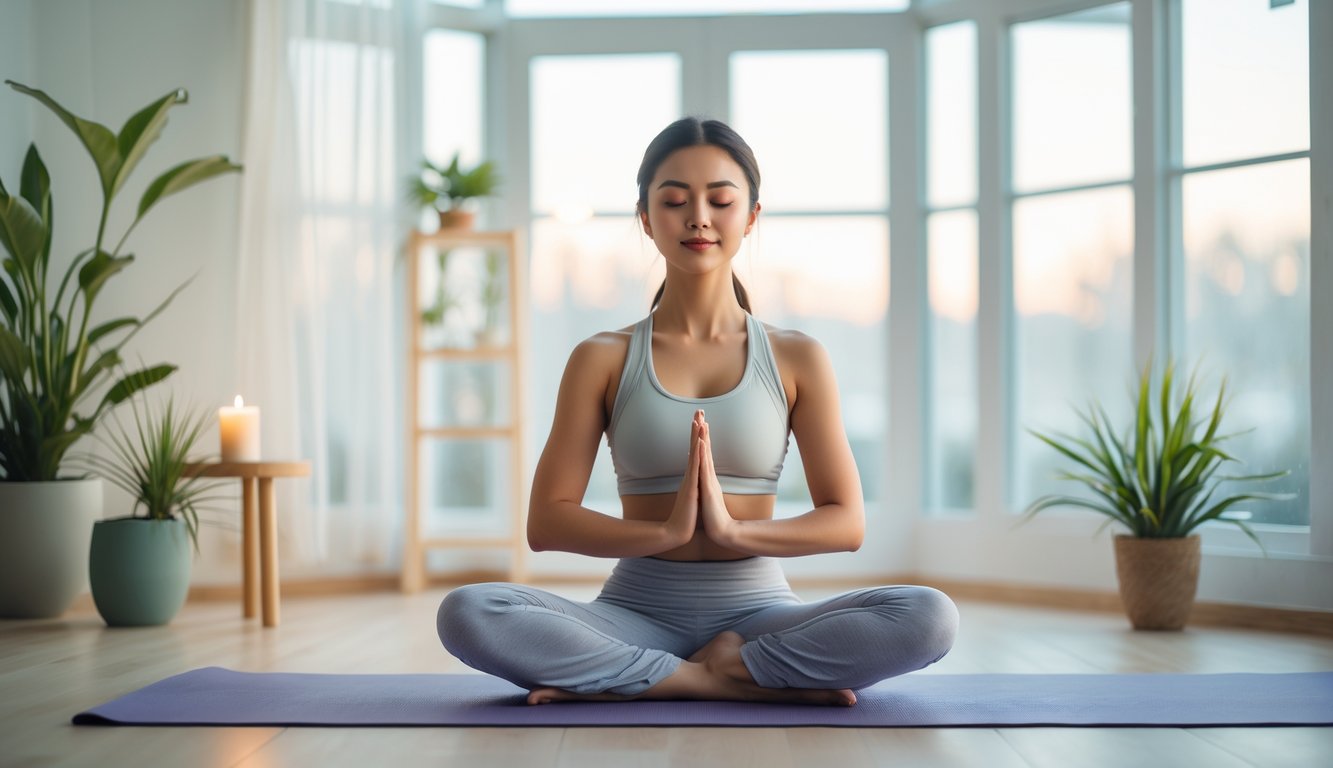 Seorang wanita duduk bersila di atas matras yoga di dalam ruangan yang terang, bermeditasi dengan mata tertutup dan tangan di lutut.